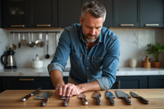 Homme moyenâgeux examine des couteaux de chef haut de gamme