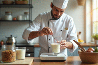 Chef en cuisine moderne convertissant 300 ml de lait en grammes
