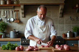 Chef français coupant veau kidneys dans une cuisine chaleureuse