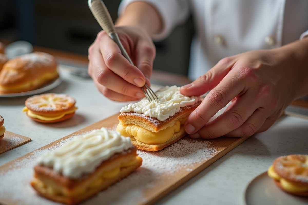 Chef décorant un millefeuille avec glaçage frais