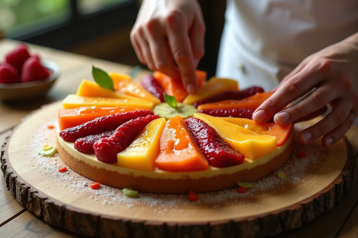 Chef préparant un dessert créatif aux fruits tranchés en Z