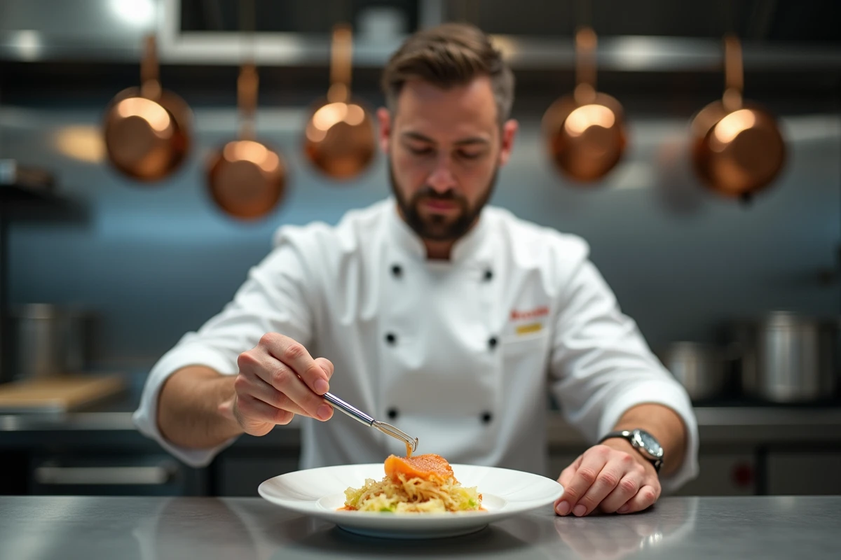 Chef cuisinier professionnel dressant une choucroute gastronomique aux poissons avec pince à dresser dans une cuisine de restaurant haut de gamme