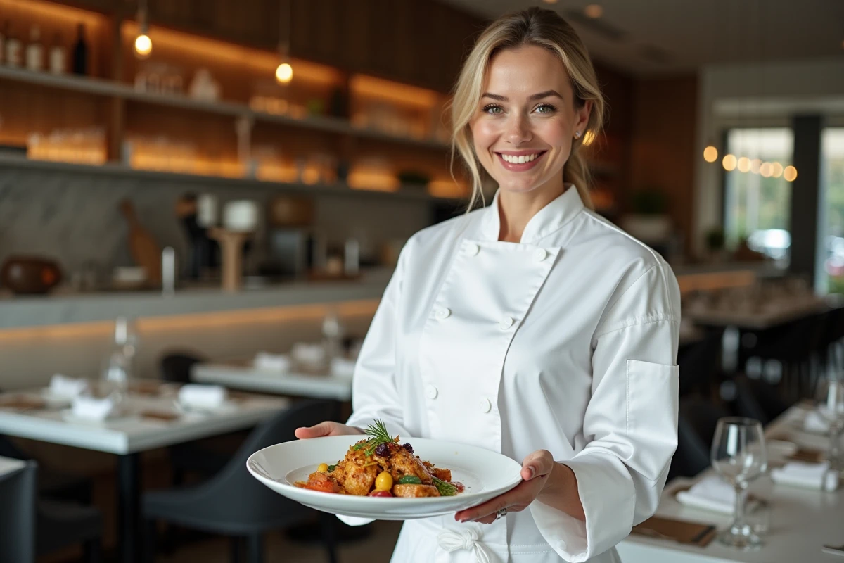 Chef française présentant un plat gastronomique élégant