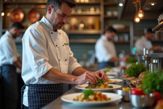 Chef en cuisine professionnelle garnissant un plat avec des herbes fraîches