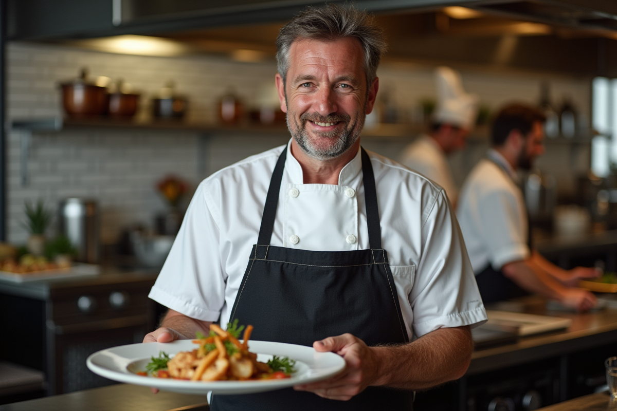 Chef présentant un plat gourmet dans une cuisine animée