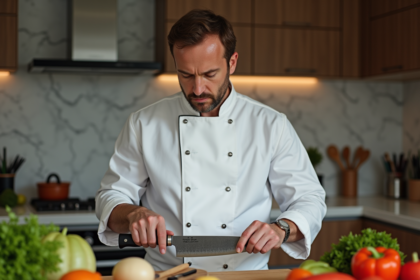 Chef homme examinant un couteau japonais dans sa cuisine