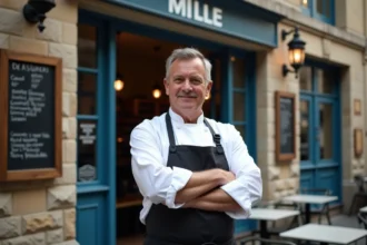 Chef en devanture du restaurant Mille avec façade en pierre