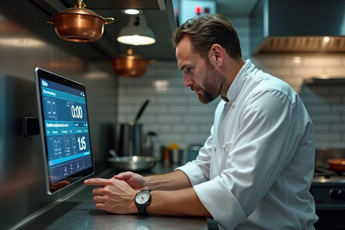 Chef cuisinier professionnel réglant un minuteur de cuisson en ligne sur tablette murale dans une cuisine de restaurant
