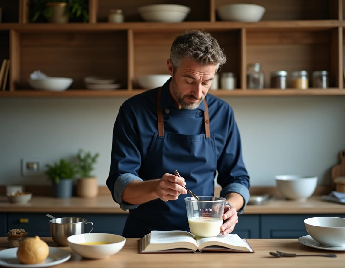 Chef pâtissier consultant une recette avec un verre doseur en centilitres et une balance numérique