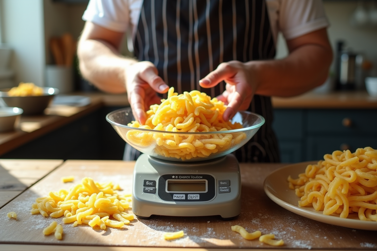 Chef italien pesant des pates sèches sur une balance rustique