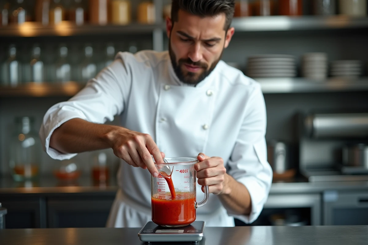 Chef professionnel pesant 40cl de coulis de tomate sur une balance de précision, illustrant la conversion volume-poids en cuisine professionnelle