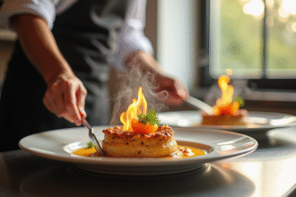 Chef en cuisine professionnelle dressant une carbonade flamande