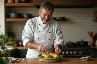 Chef français en cuisine préparant choux farcis avec fierté