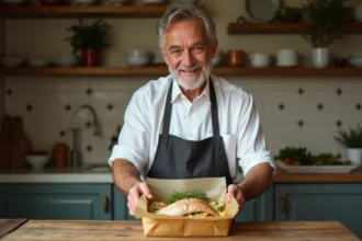 Chef français ouvrant une papillote de poisson vapeur dans sa cuisine chaleureuse