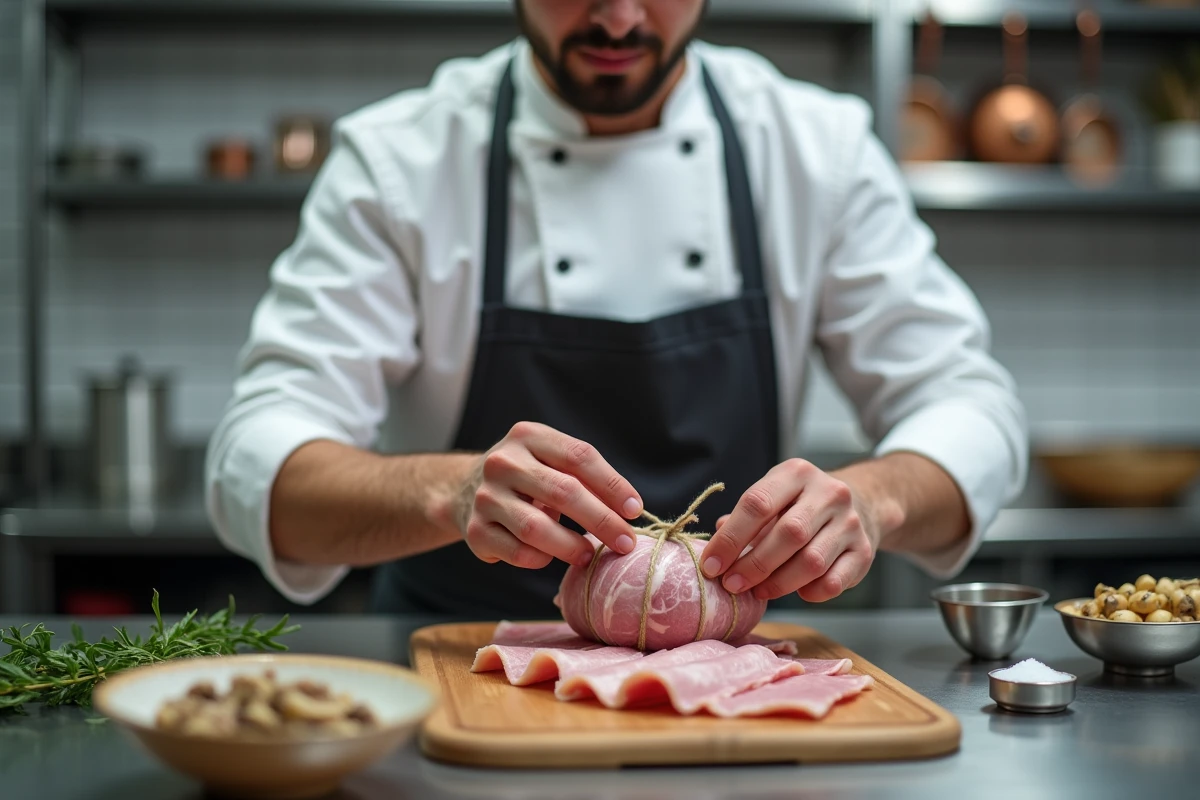 Chef professionnel préparant des paupiettes de veau en cuisine avec farce aux champignons et herbes fraîches