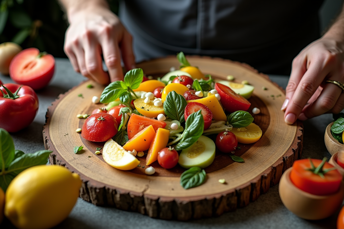 Chef préparant une salade colorée avec fruits U