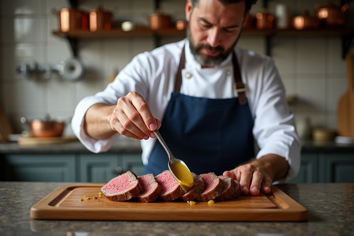 Chef en blanc servant une sauce sur côte de bœuf