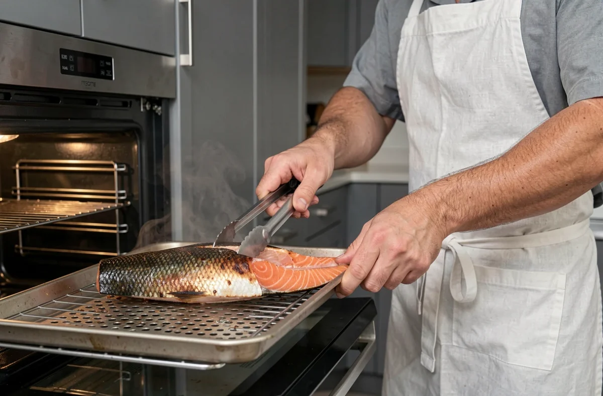 Chef retirant un filet de saumon à peau croustillante d'un four moderne, technique de cuisson à basse température en cuisine contemporaine