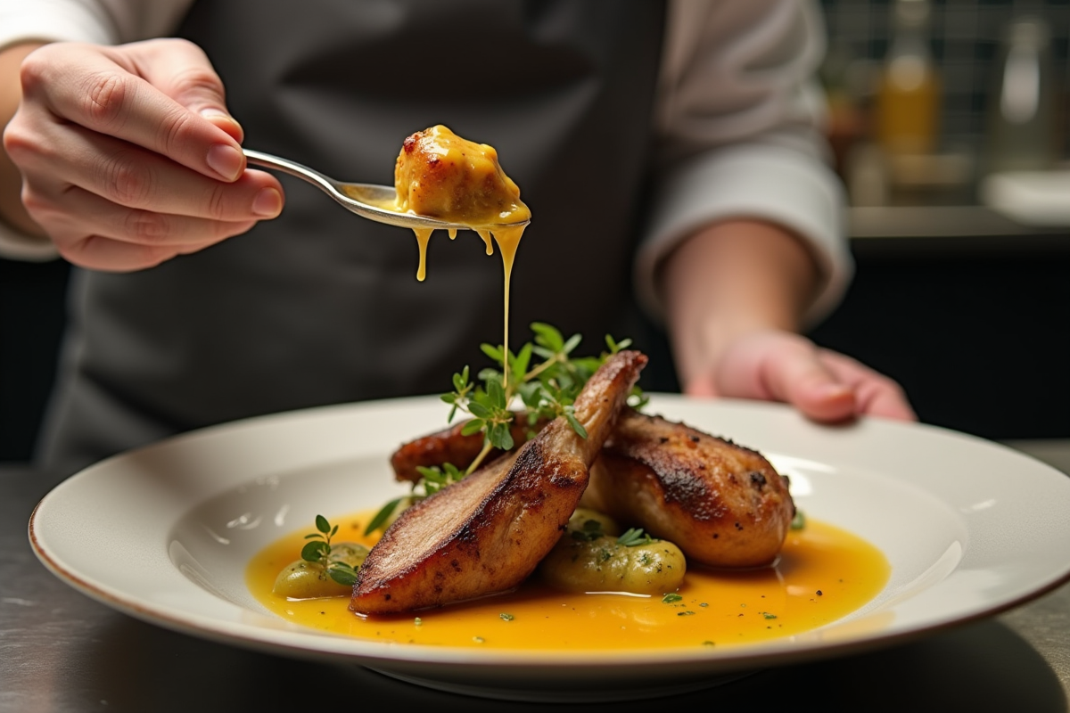 Chef servant un lapin en sauce moutarde dans cuisine moderne