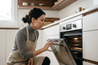 Femme examinant l'intérieur d'un four encastrable dans une cuisine moderne avec des armoires blanches et un plan de travail en quartz
