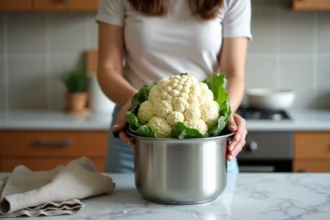 Femme plaçant un chou-fleur frais entier dans une cocotte-minute en inox sur un plan de travail en marbre blanc