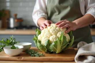 Chou-fleur entier sur une planche en bois avec des herbes aromatiques et du vinaigre blanc pour une cuisson sans odeur