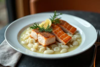Assiette gastronomique de choucroute aux poissons avec saumon et cabillaud sur lit de choucroute braisée, garnie d'aneth frais et de citron dans un restaurant élégant