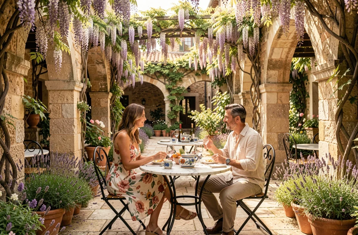 Terrasse romantique du Clair de la Plume à Grignan, couple déjeunant sous les arches en pierre recouvertes de glycine avec vaisselle provençale peinte à la main
