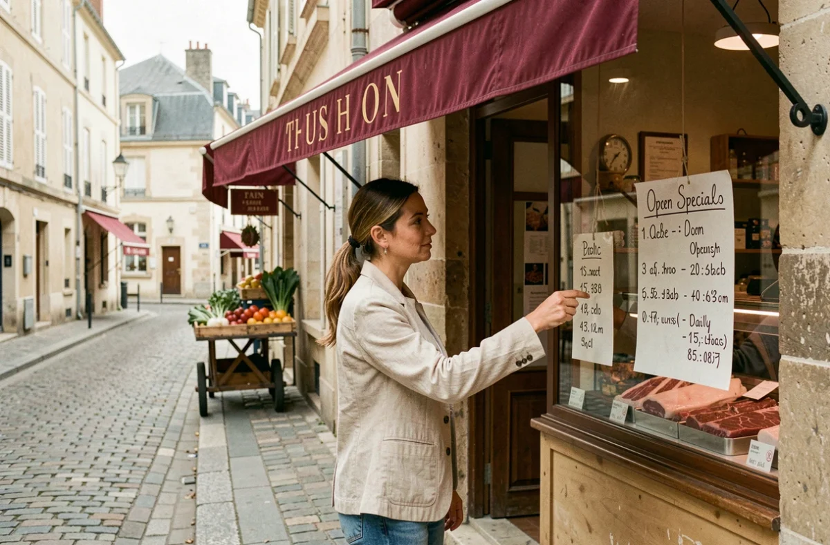 Femme consultant les horaires d'ouverture affichés en vitrine d'une boucherie de quartier dans une rue pavée