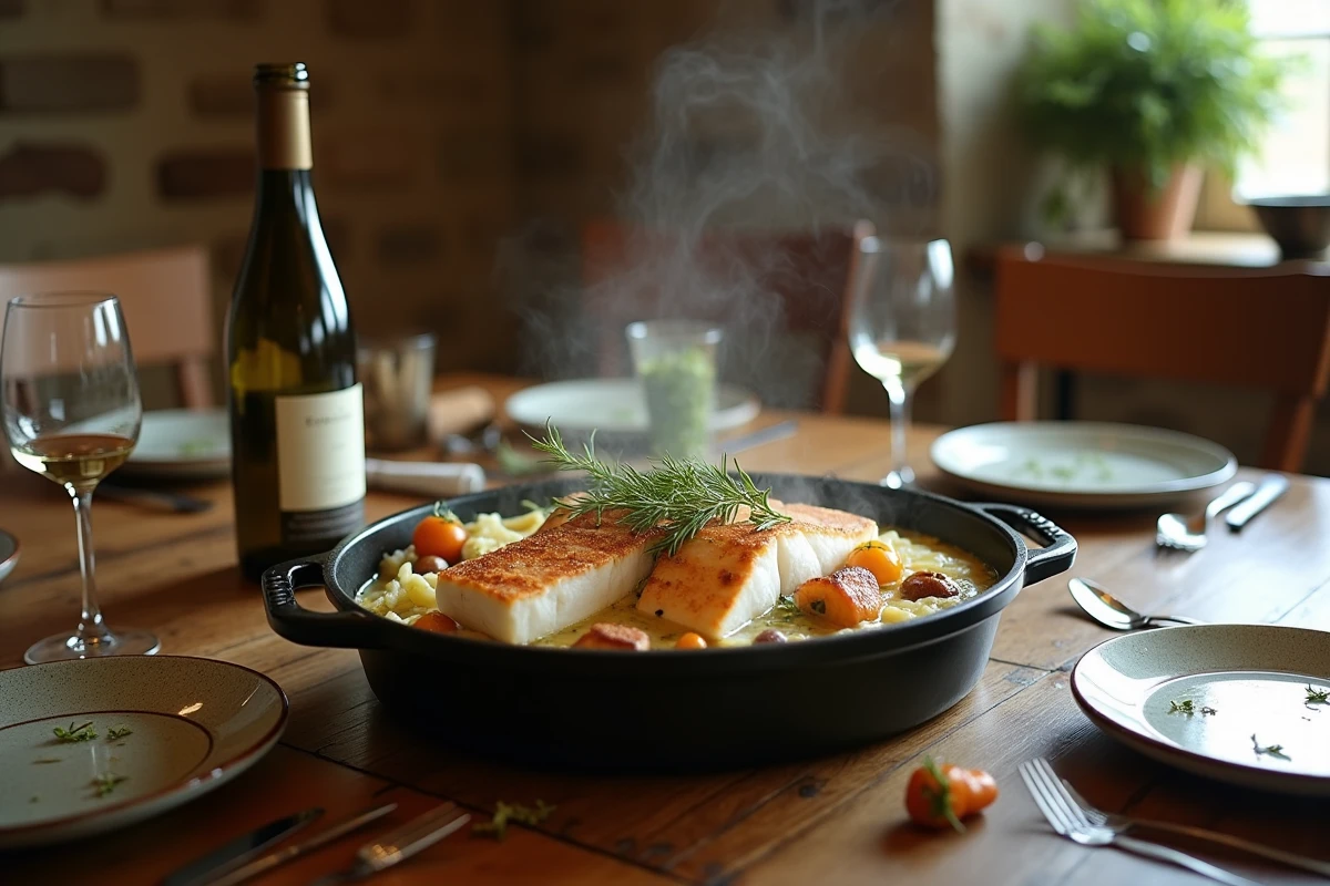 Cocotte en fonte de choucroute gastronomique aux poissons fumés et pochés posée au centre d'une table dressée pour un dîner convivial dans une maison rustique chic