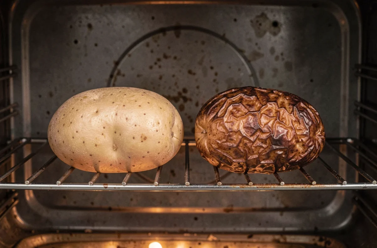 Comparaison de deux pommes de terre au four dans le four, l'une croustillante et l'autre molle