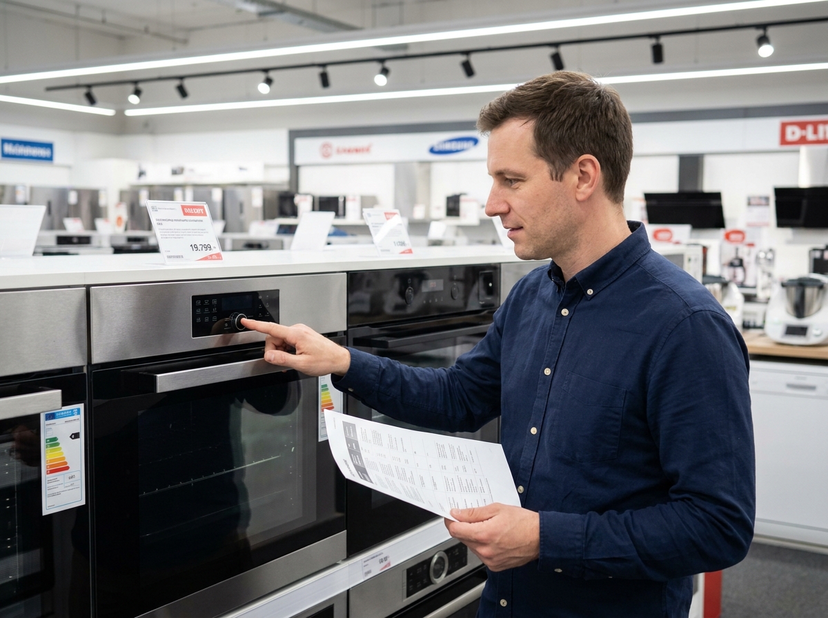 Homme comparant deux fours encastrables dans un magasin d'électroménager avec fiches techniques en main