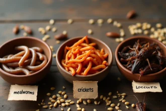 Vers de farine, grillons et criquets présentés dans trois bols en céramique rustique sur une table en bois, vue de dessus pour comparer les insectes comestibles