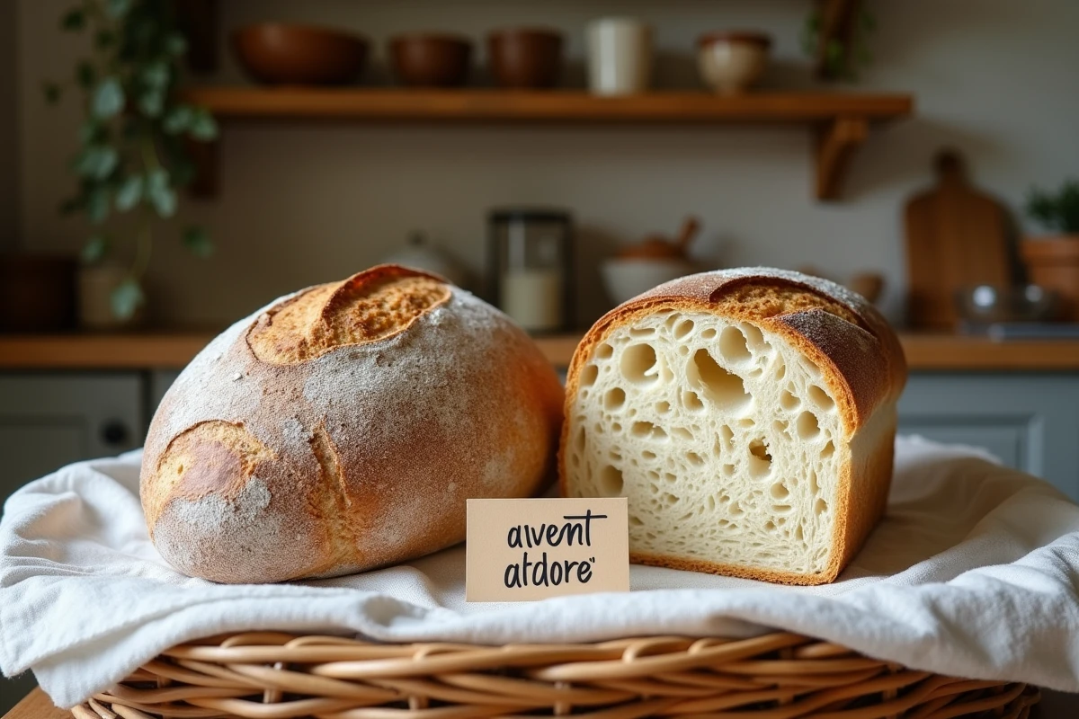 Comparaison de deux pains de campagne côte à côte dans une corbeille en osier, l'un compact et pâle, l'autre bien alvéolé et doré, dans une cuisine rustique
