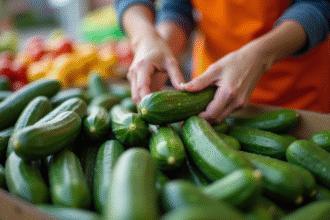Mains choisissant des concombres frais au marché en plein air