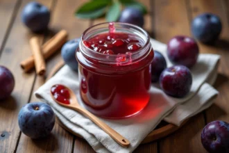 Confiture de prunes maison parfumée à la vanille et à la cannelle dans un pot en verre, entourée de prunes fraîches et d'épices sur une table en bois rustique