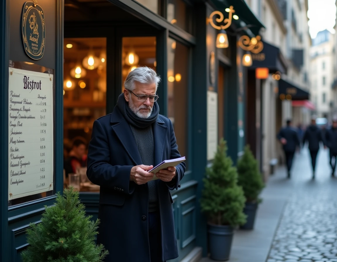 Homme consultant la liste des réservations affichée à la fenêtre d'un bistrot parisien typique