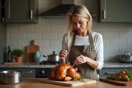Femme vérifiant la température d'un poulet rôti avec un thermomètre