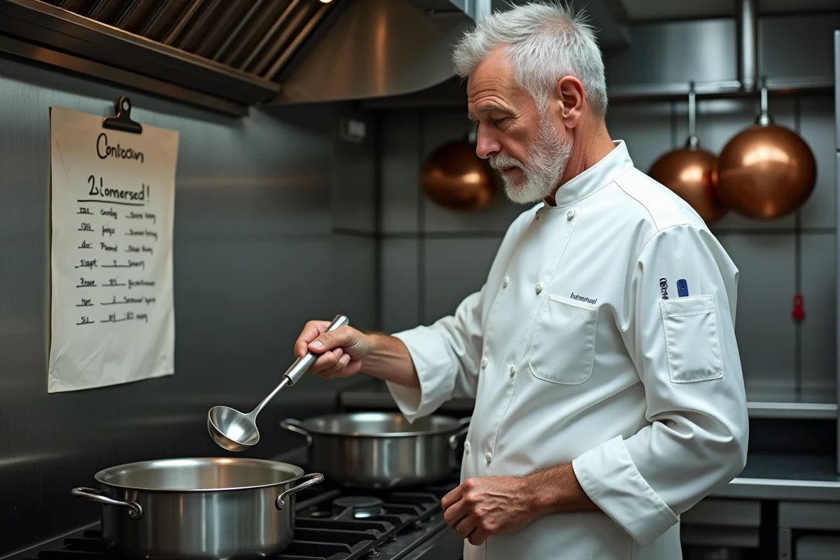 Chef cuisinier consultant une fiche de conversion grammes centilitres dans une cuisine professionnelle