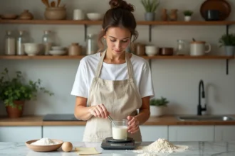 Femme mesurant des ingrédients en grammes avec une balance de cuisine et un verre doseur en cuisine