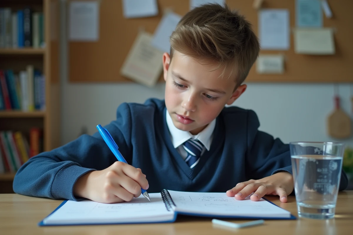 Adolescent prenant des notes sur la conversion grammes en centilitres dans un carnet scolaire