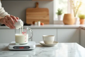 Cruche en verre remplie de lait entier posée sur une balance de cuisine avec un carton d'un litre sur plan de travail en marbre blanc