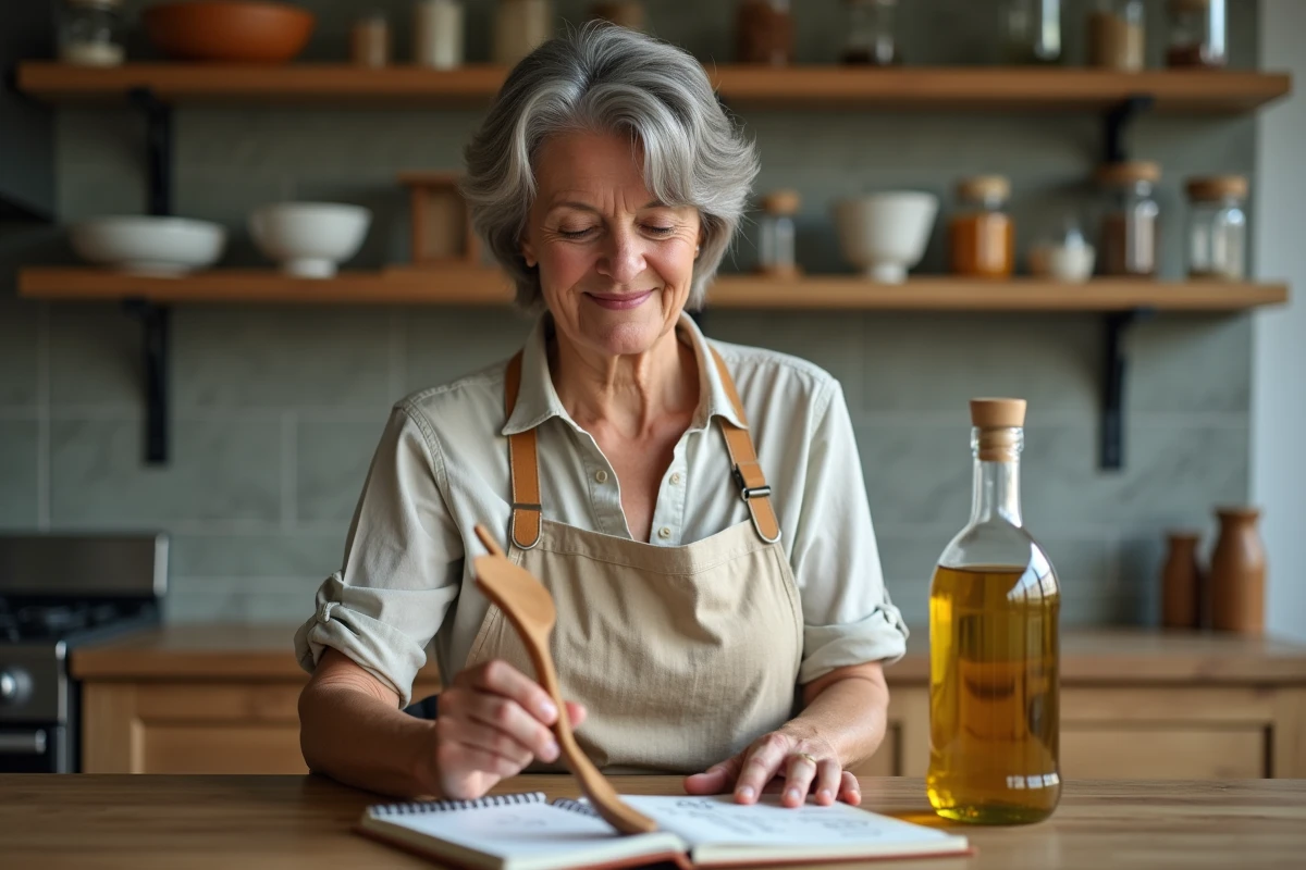 Femme en tablier lisant l'étiquette d'une bouteille d'huile d'un litre avec carnet de conversions poids-volume ouvert sur un îlot de cuisine
