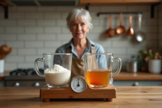 Balance de cuisine comparant le poids de 40cl de farine et de miel, illustrant la différence de densité entre les aliments