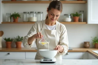 Femme versant un liquide dans un verre doseur sur une balance de cuisine affichant 125g