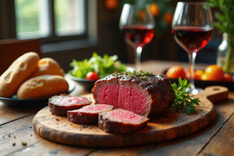 Côte de bœuf tranchée sur planche en bois avec vin et baguette