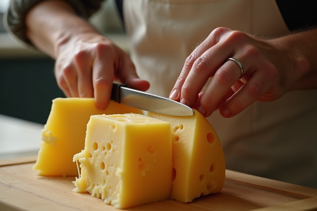 Mains de fromager corse coupant un fromage ancien