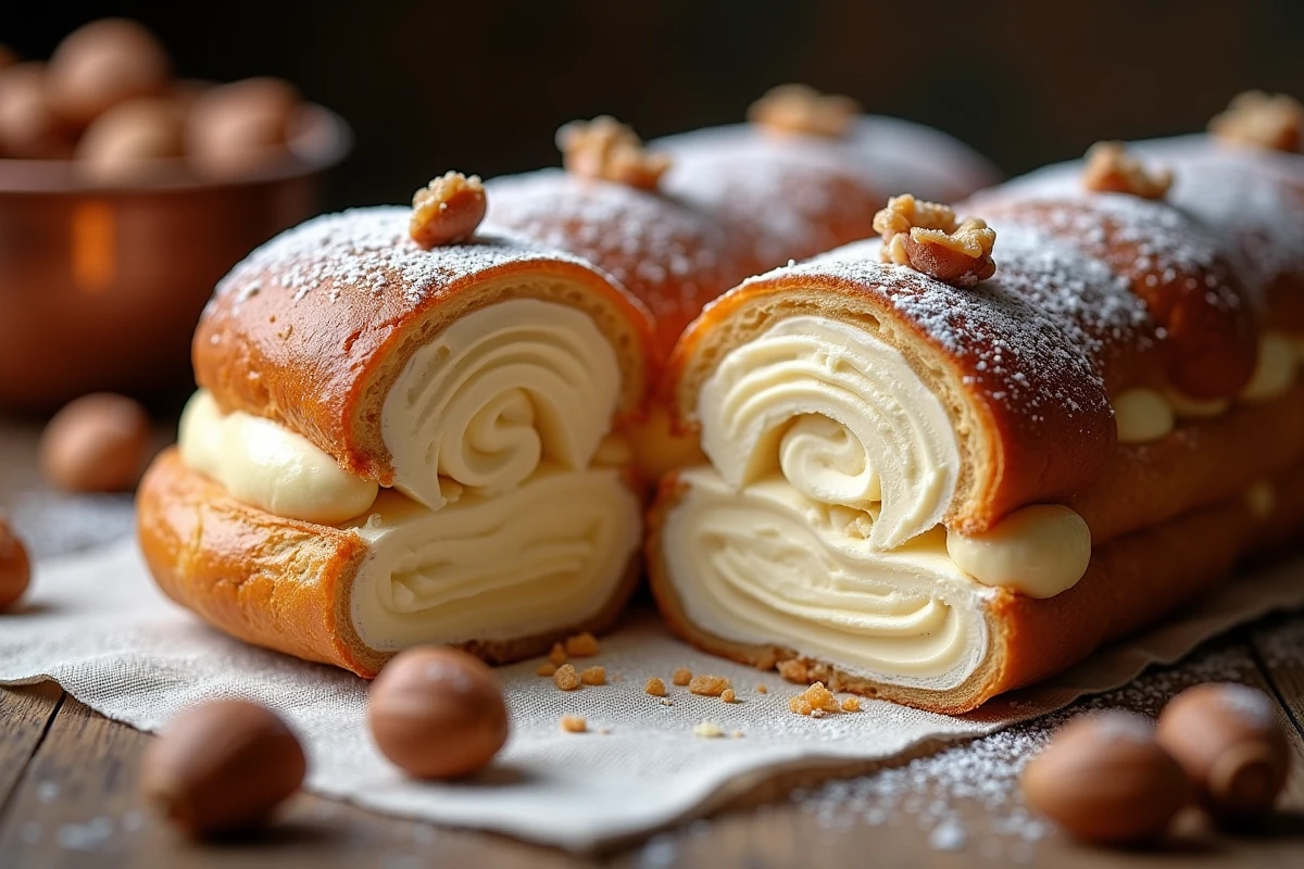Coupe transversale d'un Paris-Brest garni de crème mousseline praliné maison révélant les couches intérieures