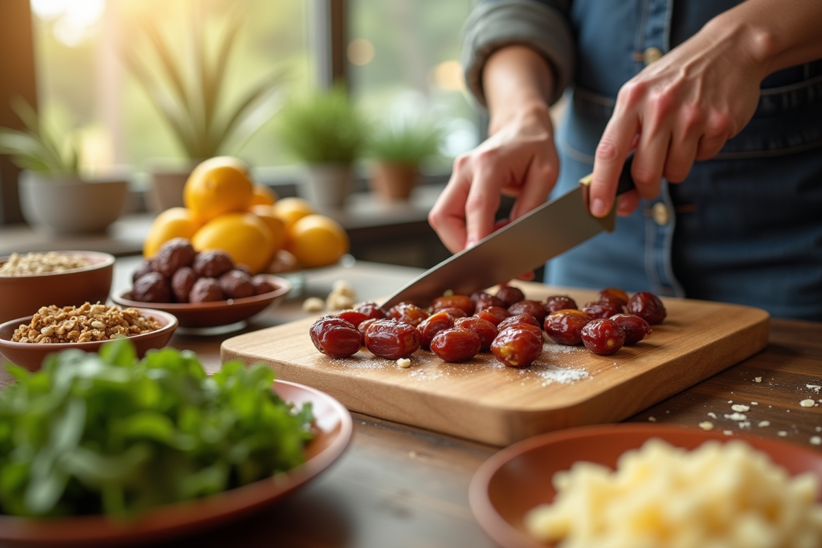 Mains coupant des dattes fraîches dans une cuisine chaleureuse