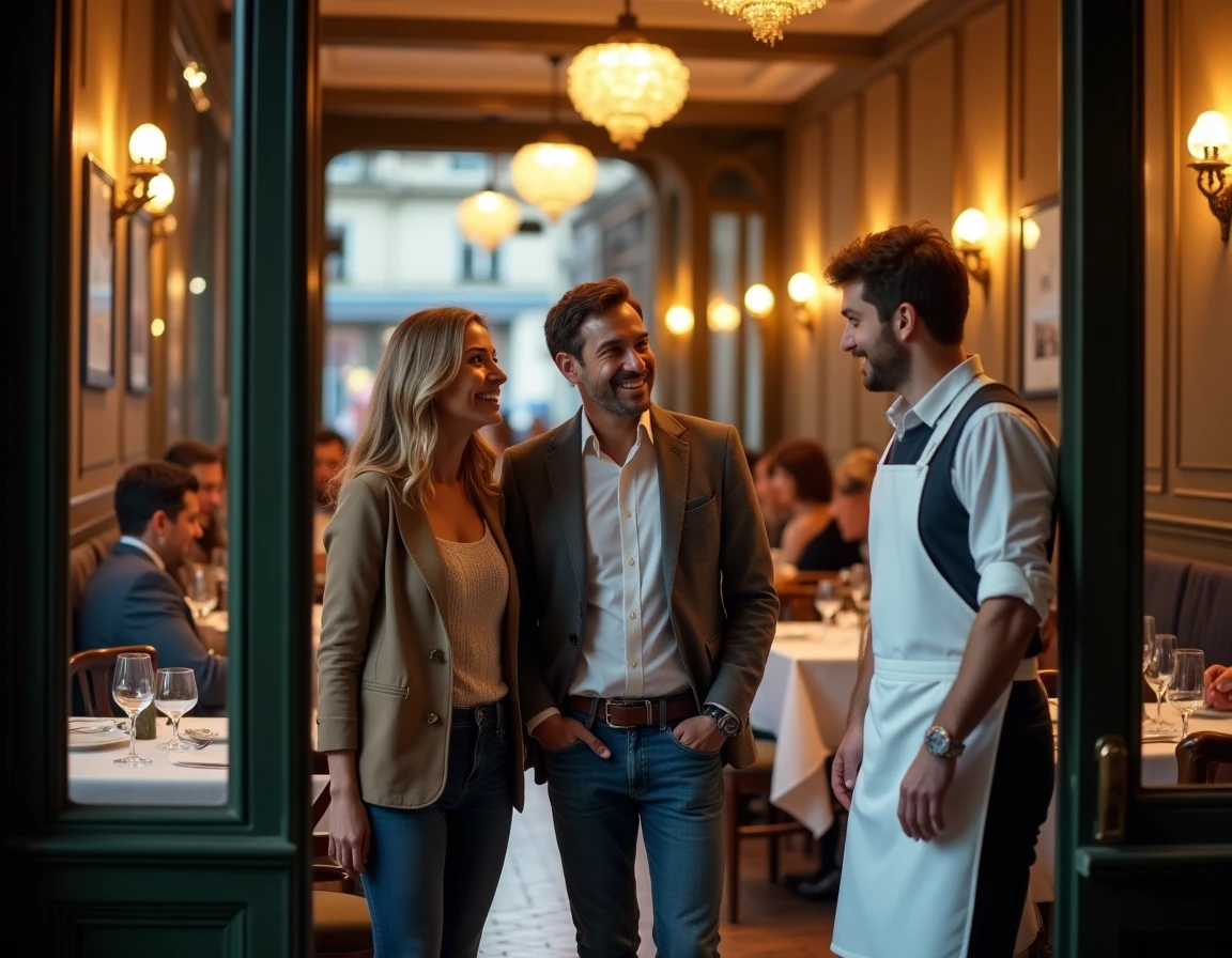 Couple accueilli par le maître d'hôtel d'un bistrot parisien après avoir obtenu une table de dernière minute